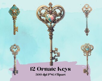 Ornate Key Collection, Clip Art, 12 Transparent PNG Images, Plus bonus Image