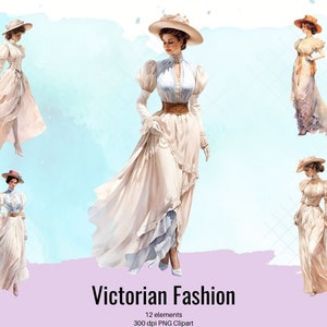 Mode victorienne, 12 images PNG de la mode féminine de l’ère romantique, Illustration aquarelle