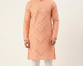 Rosa spegelbroderad kurta-pyjamaset - Herrbröllopsdesign