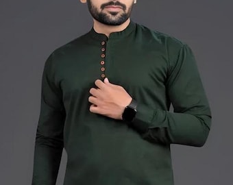 May include: A dark green long-sleeved shirt with a mandarin collar and a row of brown buttons down the front.