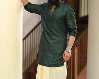 Green Silk Kurta Dhoti Set: Indian Wedding Tunic, Plus Size