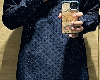 Herrpyjamasset med kraftigt Chikankari Kurta-mönster | indiskt kurta-pyjamasset för män | indiska bröllopskläder för män | herrbröllopskläder