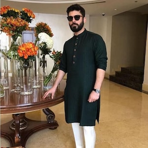 Indian shirt traditional kurta pajama dark green kurta handmade kurta wedding kurta men tunic solid color plus size loose fit big and tall