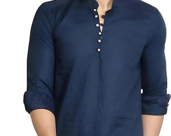 Casual Indian Tunic Shirt, Men’s Cotton Kurta Short – Handmade Summer Cotton Top Kurta, Beachwear, Ethnic Festival Outfit, Boho Style Gifts