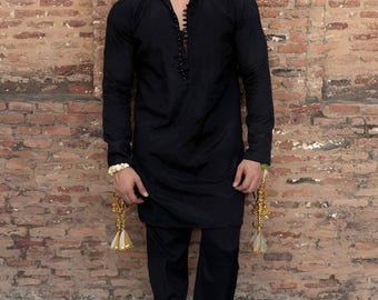 Men's Black Cotton Kurta Pajama Set, Traditional Indian Festival Wear