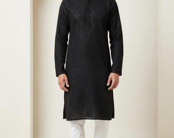 Svart indisk bröllopstunika med broderad chikankari-paljettkurta och pyjamas