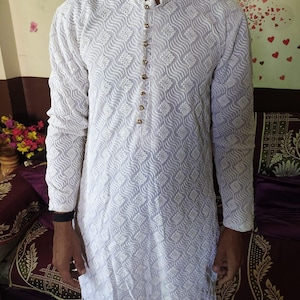 Mens Heavy Chikankari Kurta Pyjama Set: Indian Wedding Outfit