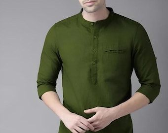 Men's Green Cotton Short Kurta, Lightweight Summer Ethnic Indian Shirt