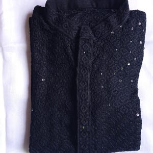 Men&#39;s Black Chikankari Kurta with Sequins: Wedding Pajama Set