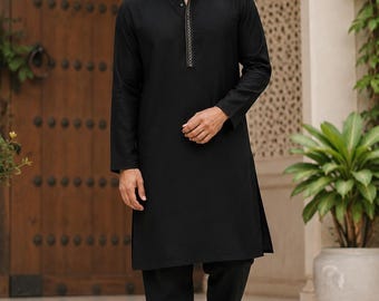 Conjunto de kurta y pijama de algodón negro / Traje étnico indio para bodas
