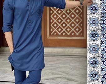 Men's Blue Cotton Kurta Pajama | Casual Indian Ethnic Clothing | Yoga Meditation Kurta Set