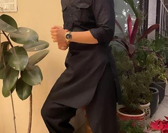 Handmade Men's Black Cotton Pathani Kurta Solid Color Tunic: Indian Party Wear