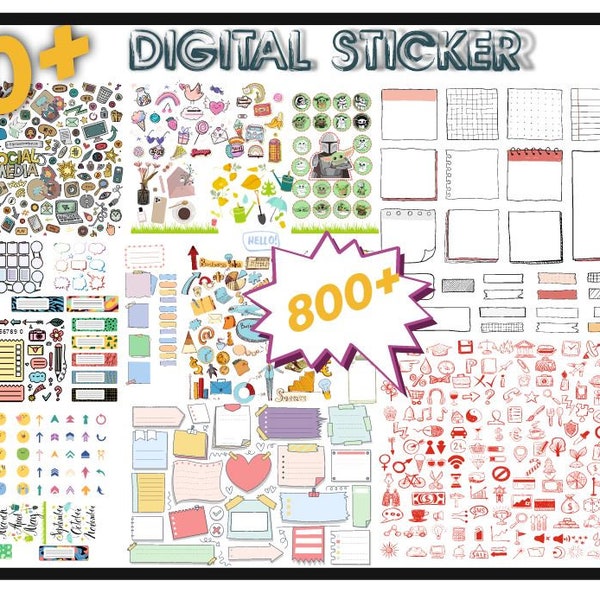 Digital Stickers Pack 800+  - Pre-cropped Goodnotes OneNote Xodo Notability Noteshelf & PNGs Transparent Background Planner Stickers