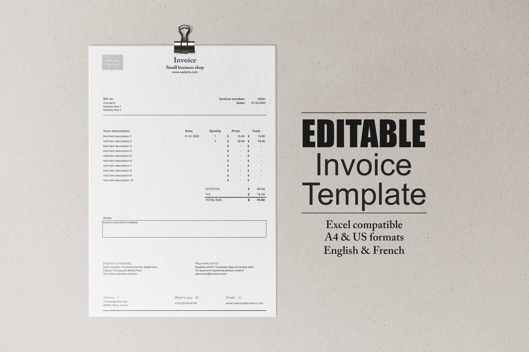 Mastercard Invoice Excel Editable Minimalist Professional Invoice Template A4 - Etsy