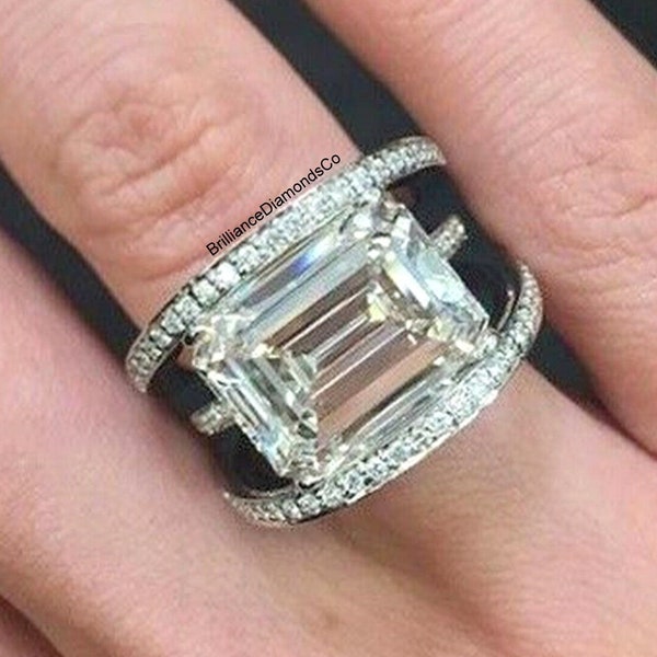 13X9 mm Oost naar West Emerald Cut Moissanite Diamond Ring, Diamond Set binnen een brede band gekooide stijl ring, cocktail party verlovingsring