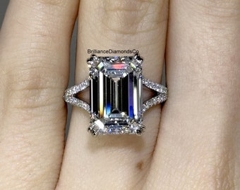 12X8 mm Emerald Cut Colorless Moissanite Diamond Ring, Hidden Halo With Split Shank Wedding Ring, 14k White Gold Bridal Ring, Birthday Gift