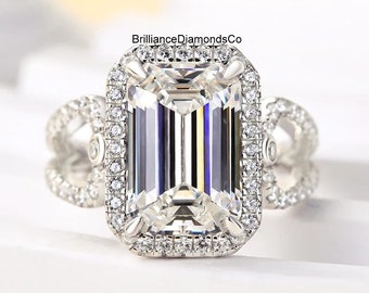 5.34 CT Emerald Cut Moissanite Ring, Unique Halo Split Shank Engagement Ring, Luxurious Design Wedding Ring, 14k White Gold Bridal Ring
