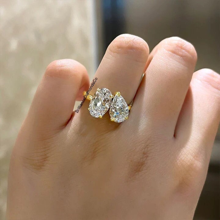 Pear Oval Cut Moissanite 14k Yellow Gold Toi Et Moi Ring Two