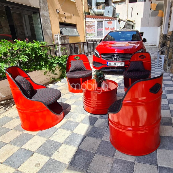 Red Barrel Seating Group - Ölfass Möbel Fass Stuhl Ölfass Bank Büro Sitzgruppe - Garten Sitzgruppe Cafe Sitzgruppe