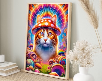 Decoración del hogar psicodélico retro de los años 70, arte psicodélico, decoración de los años 70, arte psicodélico del gato, arte de la pared de los años 70, impresión hippie, arte colorido