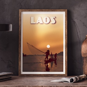 Affiche du Laos | Poster Vintage Laos | Pêcheurs sur le Mekong
