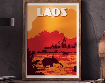 Laos Vintage Poster | Elephant crossing a river Print