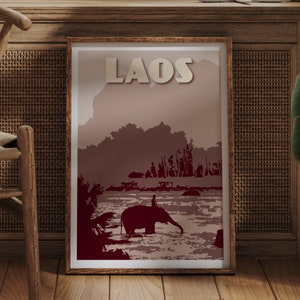 Laos Travel Poster | Elephant crossing a river Print