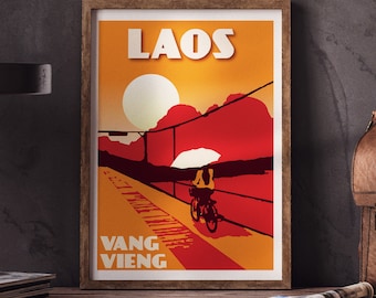 Plakat w stylu vintage Laosu | Zachód słońca w Vang Vieng