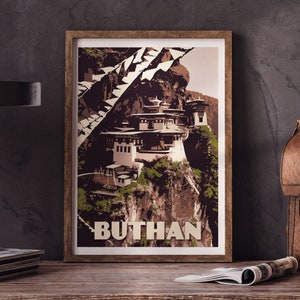 Bhutan Travel Poster: Mountain Fortress Print