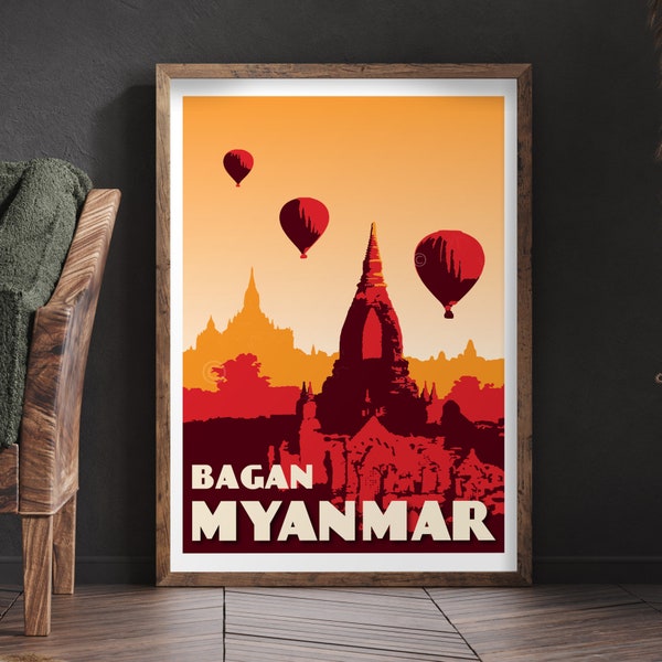 Myanmar Travel Poster - Air balloon ride in Bagan