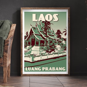 Laos Travel Poster | Luang Prabang Vintage Print | Tropical Green