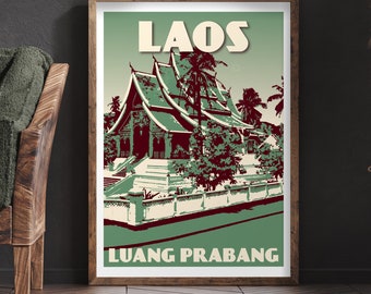 Plakat podróżniczy do Laosu | Luang Prabang, wydruk vintage | Tropikalna zieleń