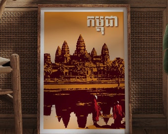 Cambodia Vintage Poster in Khmer | Angkor Wat Print
