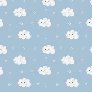 Könnte beinhalten: Ein nahtloses Muster mit weißen Wolken mit lächelnden Gesichtern auf hellblauem Hintergrund. Das Muster ist mit kleinen weißen Sternen und Herzen verziert.