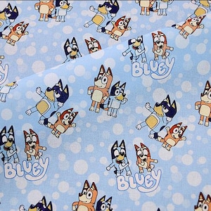 Tecido Bluey Tecido de família de cachorro azul Tecido de algodão de desenho animado Tecido de animação por meia jarda