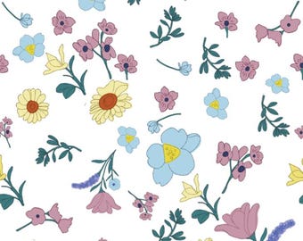Tessuto floreale ad acquerello, tessuto trapuntato floreale con fiori selvatici, tessuto di cotone a mezzo metro