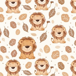 May include: A repeating pattern featuring cartoon lions in shades of brown and tan, interspersed with stylized leaves. The lions are depicted with closed eyes and smiling expressions, creating a whimsical and playful design.