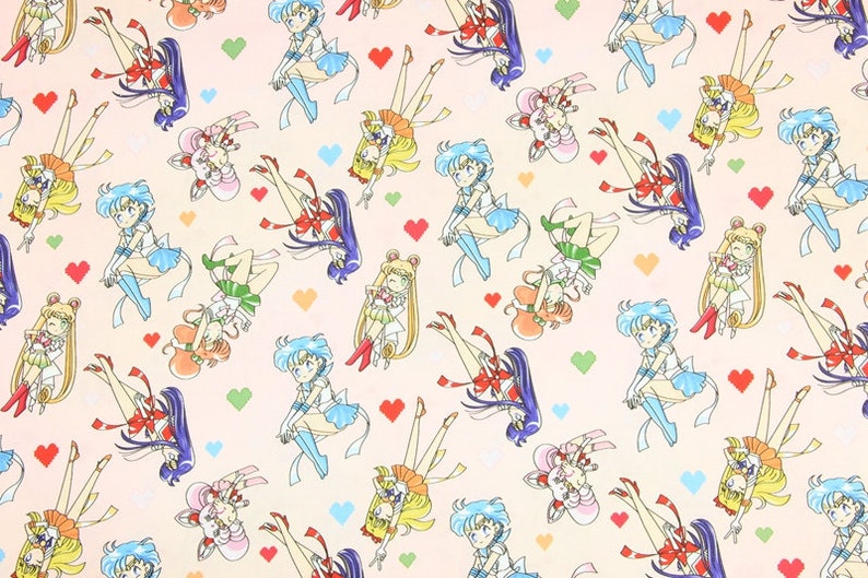 May include: A pink background with a repeating pattern of Sailor Moon characters. The characters are in various poses and are wearing their signature outfits. There are also small pink hearts scattered throughout the pattern.