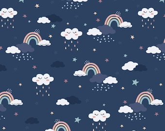 Cute Dark Night Rainbow Cartoon Fabric 100% Pure Cotton Fabric By The Half Yard