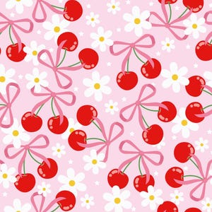 May include: A seamless pattern featuring pink bows, red cherries, and white daisies on a light pink background.