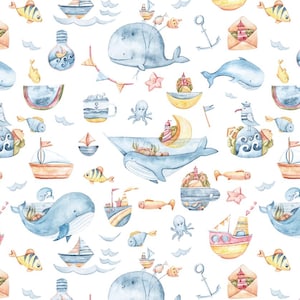 May include: A watercolour nautical pattern with whales, sailboats, fish, anchors, and lighthouses in blue, yellow, and orange. The design incorporates various marine elements, creating a whimsical and playful theme.
