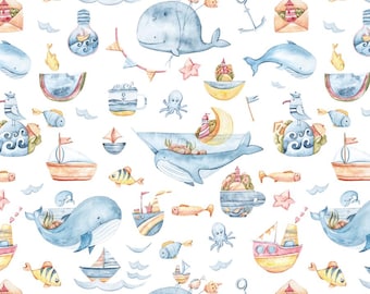 Aquarell niedliches Wassertier mit Schiff aus reiner Baumwolle Stoff niedlicher Wal-Quiltstoff verkauft durch halben Hof