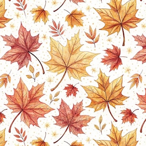 Pode incluir: Ilustração em aquarela de folhas de outono em tons de vermelho, laranja e amarelo sobre um fundo branco. As folhas variam em tamanho e forma, com detalhes de veias. Pequenos pontos dourados adicionam um toque de brilho.