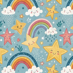 Könnte beinhalten: Ein nahtloses Muster mit Regenbögen, Wolken und Sternen mit lächelnden Gesichtern. Der Hintergrund ist hellblau mit weißen Punkten. Die Sterne sind gelb, rosa und orange. Die Wolken sind weiß mit grauen Akzenten. Die Regenbögen sind mehrfarbig mit Rot, Orange, Gelb, Grün, Blau, Indigo und Violett.