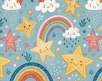 Kindlicher Sterne, Wolken und Regenbogen Muster Baumwolle Stoff Halbe Meter