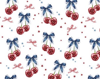 Bow Cherry 4th Of July Cotton Fabric Cotton Cartoon Fabric Animation Fabric By the Half Yard