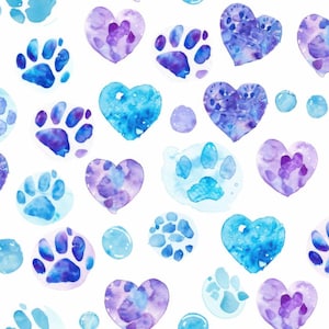 Op de afbeelding: Een naadloos patroon met aquarel illustraties van harten en potafdrukken in tinten blauw en paars. Het ontwerp is perfect voor stoffen, behang of inpakpapier.