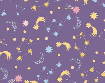 Tela de algodón puro para acolchado con diseño floral cósmico morado, se vende por media yarda.