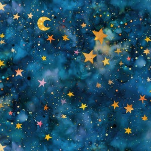 Galaxy, Moon and Stars Cotton Fabric, Baby Quilt Material, Half Yard