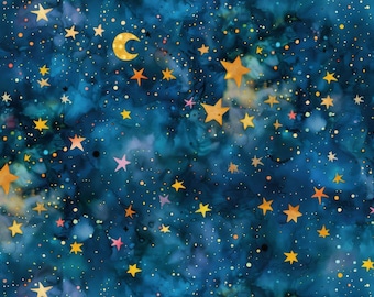 Baumwollstoff mit Mond und Sternen, Galaxie, Mond und Sterne,